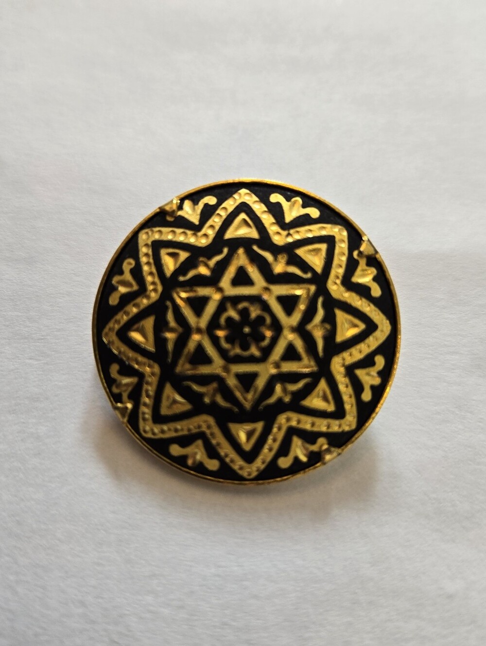 Vintage Toledo Spain Damascene Brooch Gold/Black Geometric StarMandala Round Pin